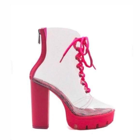 Clear Lace Up Lug Sole Booties in Pink Snake - Picture 3 of 7
